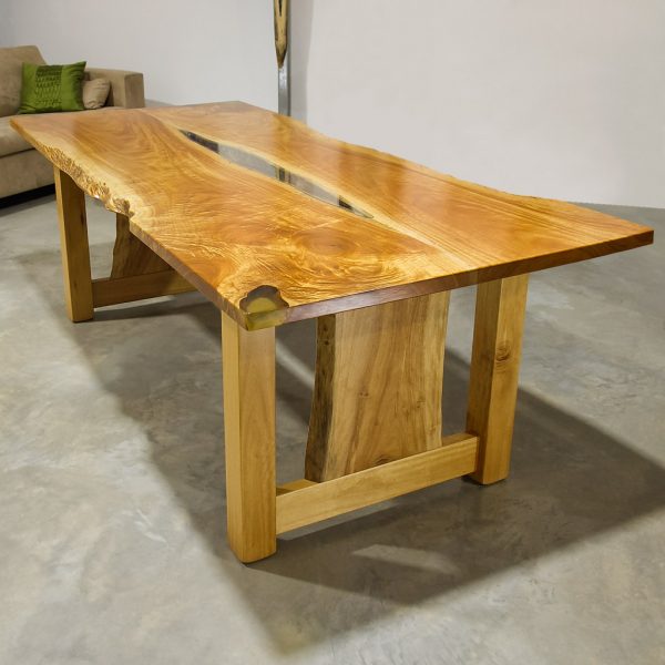 Handcrafted Queensland Maple dining table with glass centrepiece and refectory legs