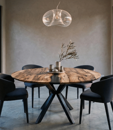 a dining table made by David Suters Timbercraftsman Eumundi from Blackheart Sassafras and chairs in a room with large windows overlooking a tropical bush garden with ferns and gum trees