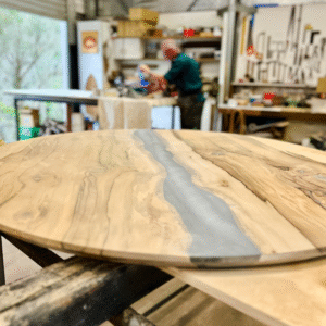 David Suters working on a tabletop from Tasmanian Blackheart Sassafras timber in his studio