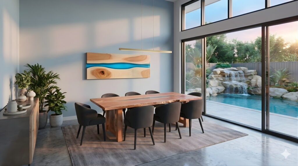 dining room with timber table, artwork and sideboard cabinet overlooking water feature and swimming pool through large sliding glass doors and windows