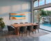 dining room with timber table, artwork and sideboard cabinet overlooking water feature and swimming pool through large sliding glass doors and windows