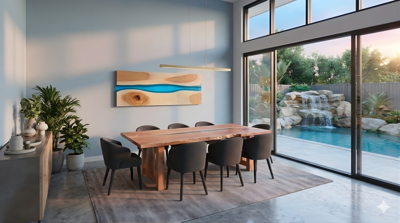dining room with timber table, artwork and sideboard cabinet overlooking water feature and swimming pool through large sliding glass doors and windows